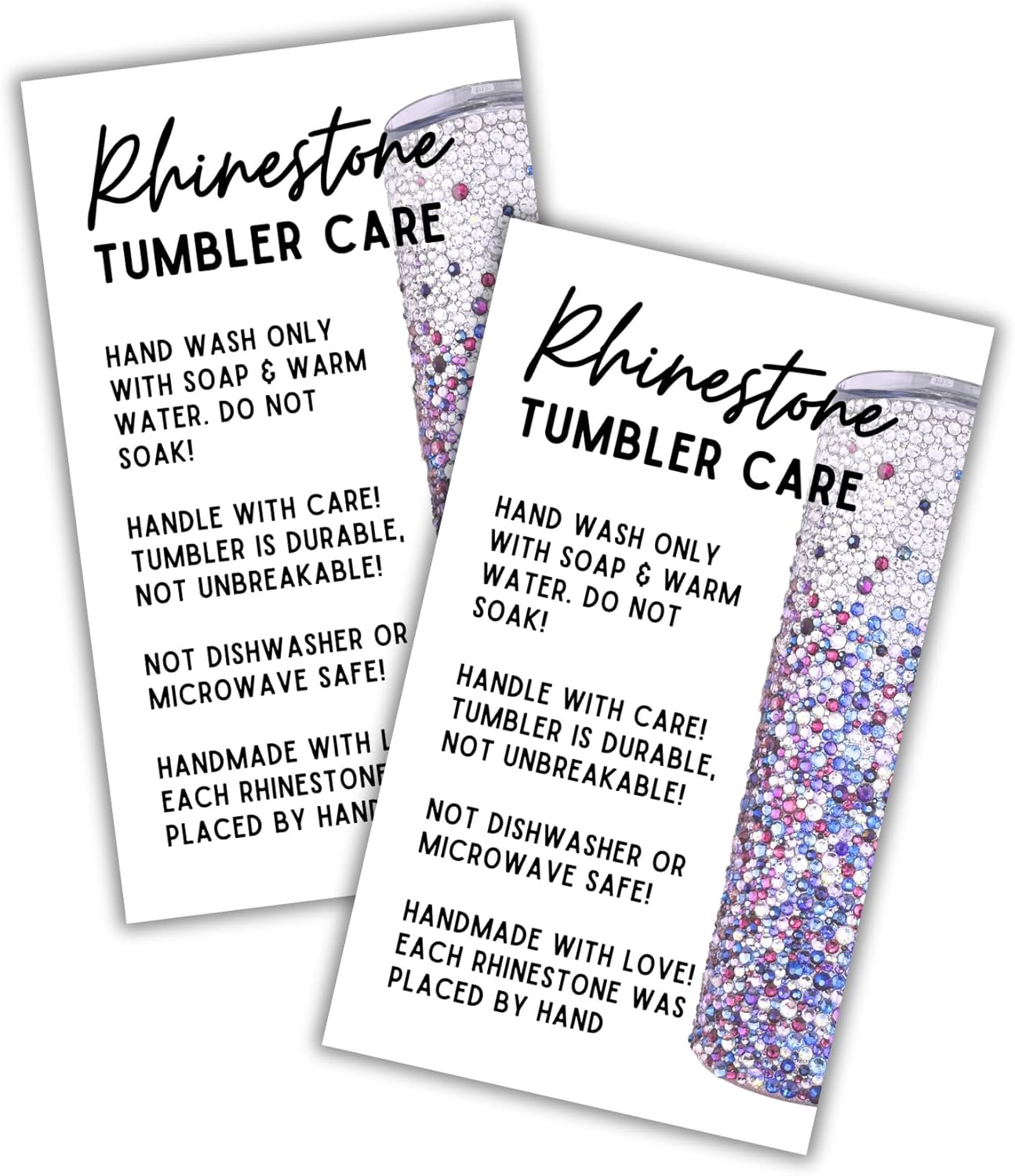 Rhinestone Bling Jeweled Purple Cup Tumbler Custom Mug Care Instruction Cards 50 pk 2×3.5” Tags Stickers Washing Instructions Glitter DIY Price Tags