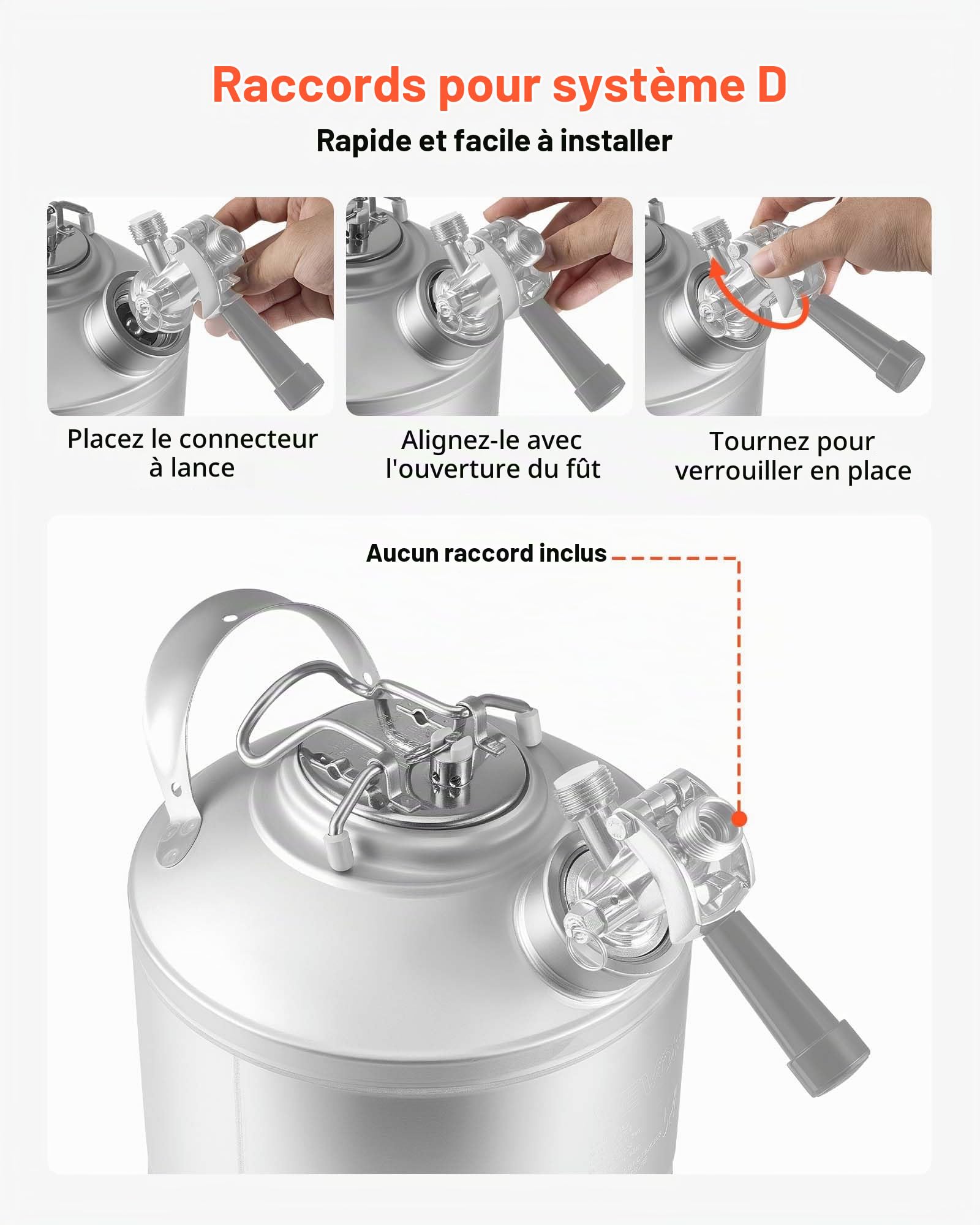 VEVOR Fût de Nettoyage pour Tireuse à Bière 6,5 L, Fût de Lavage de Conduites pour Système de Tirage Pression de Bière, en Acier Inoxydable 304, avec Raccords en D et Base en Caoutchouc, Pub Maison