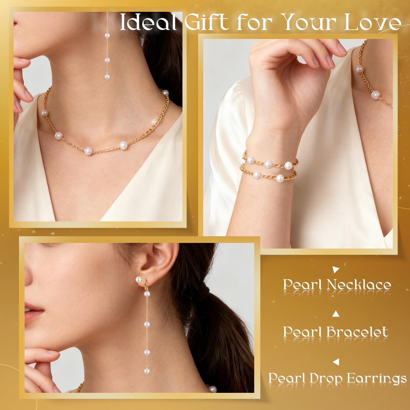 Gold Jewelry Set for Women Pearl Necklaces Pearl Bracelets Dainty Drop Earrings Gift for Wedding Bride Bridesmaids Christmas Valentine's Day Jewelry Boho Prom Accessories
