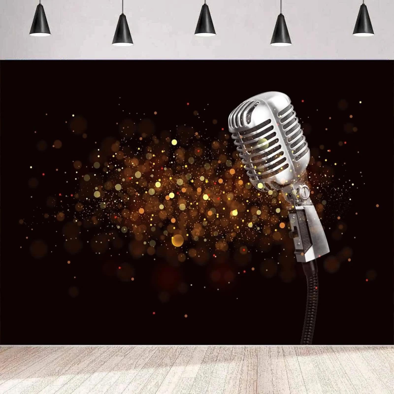 Sfondo fotografico Oro Glitter Spot Karaoke Microfono Rock Roll Concerto Musica Sfondo Festa Parete Banner Poster