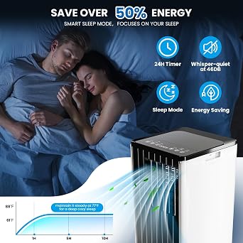 8000 BTU Portable Air Conditioner, 3-In-1 Cooling, Dehumidifier & Fan for 350 Sq. Ft Rooms, Standing Air Conditioner with Quiet Operation, 24H Timer, Sleep Mode, Remote & Window Kit, Reusable Filter