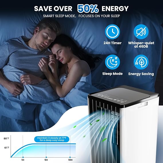 8000 BTU Portable Air Conditioner, 3-In-1 Cooling, Dehumidifier & Fan for 350 Sq. Ft Rooms, Standing Air Conditioner with Quiet Operation, 24H Timer, Sleep Mode, Remote & Window Kit, Reusable Filter