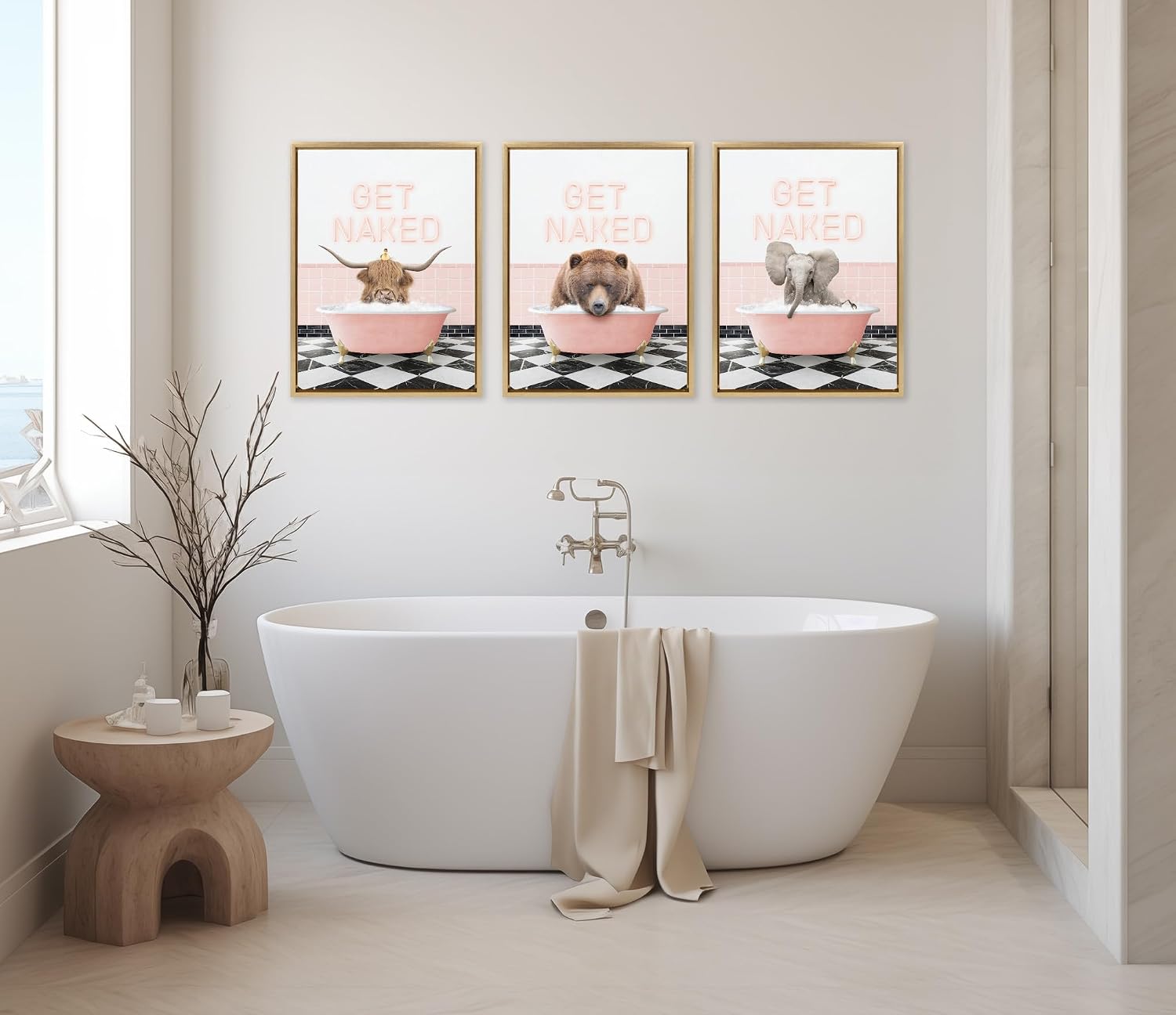 Kate and Laurel Sylvie Baby Elephant No 3 in Get Naked Bath Framed Canvas Wall Art; 18x24 Bright Gold; Cute Animal Bathtub Art for Wall