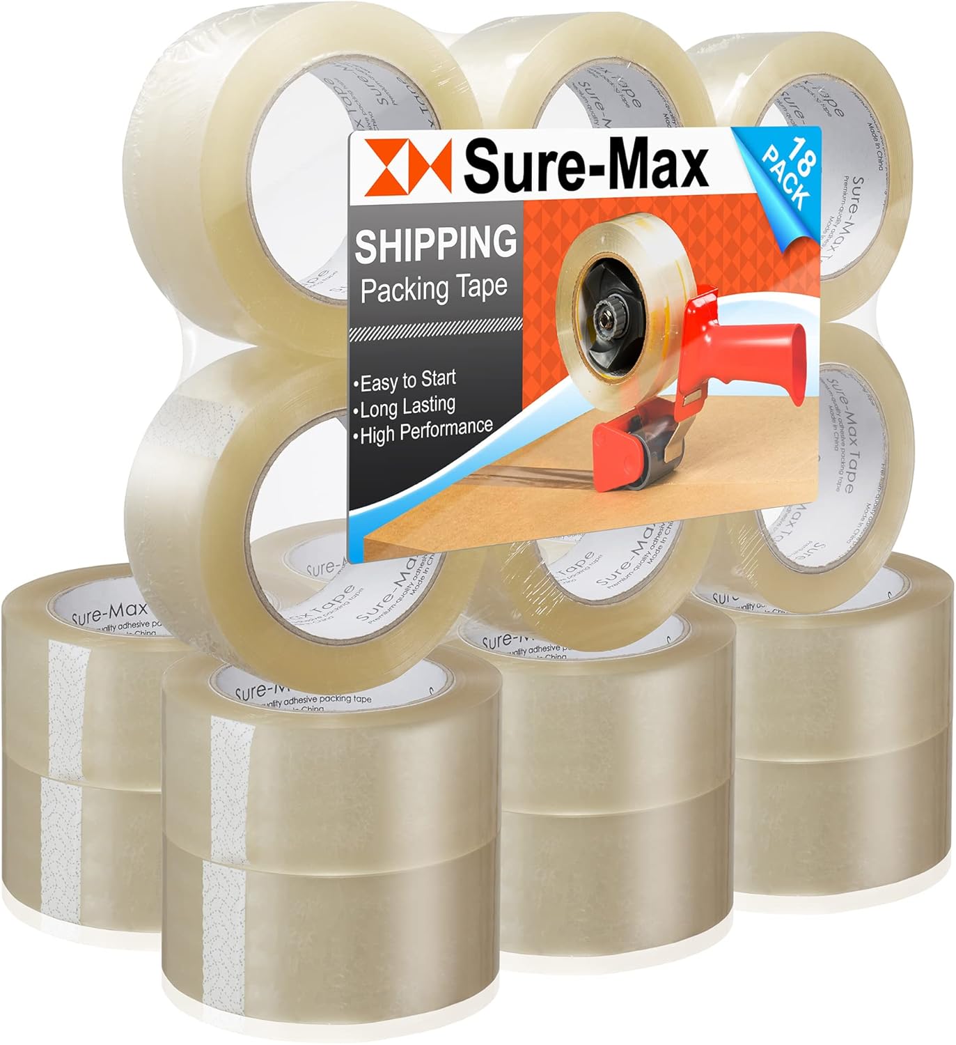 Sure-Max Premium Carton Packing Tape 2.0 mil 330 Feet (110 Yards) - Clear - 18 Rolls