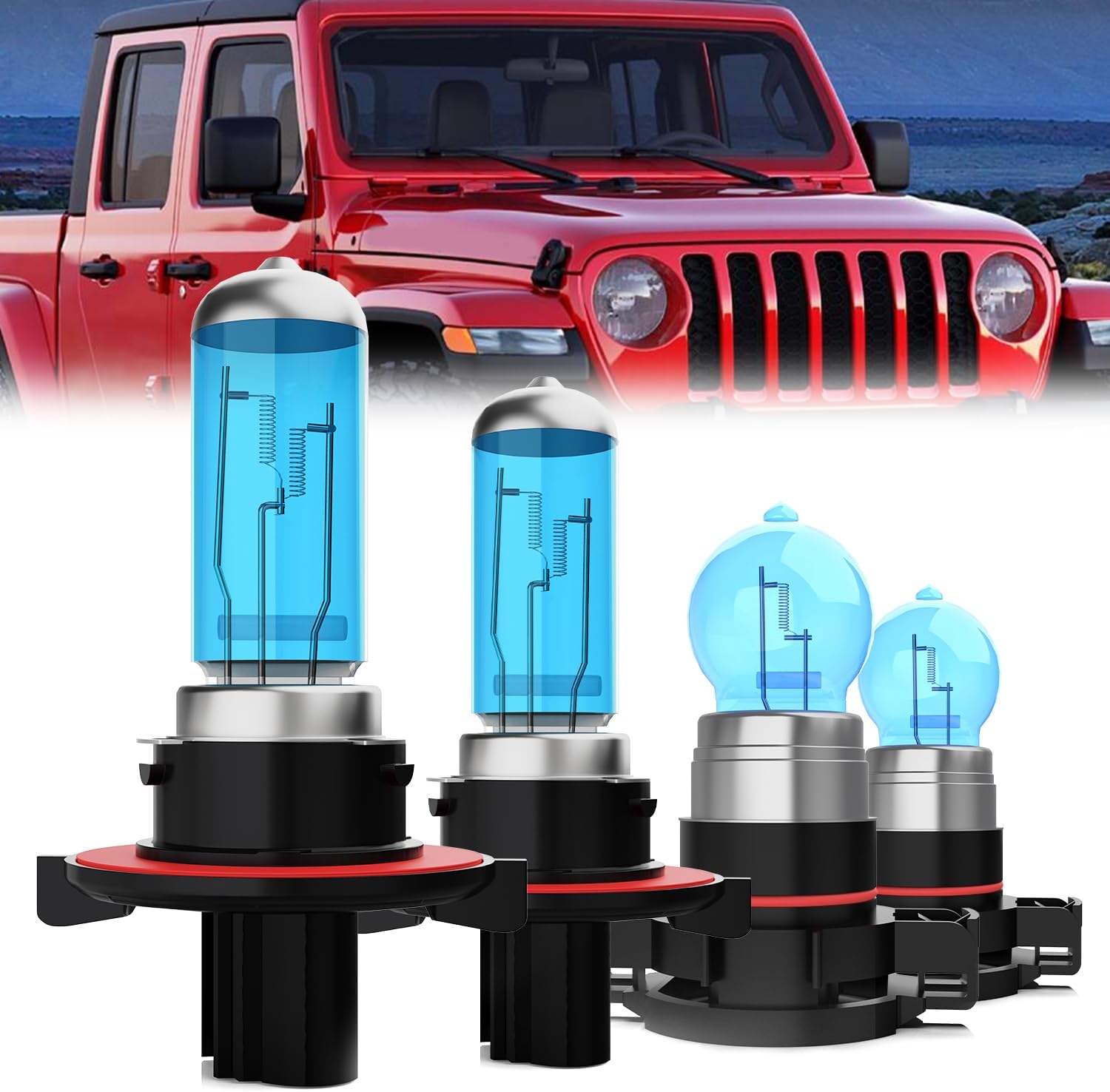 Headlight Bulbs Compatible With Jeep Gladiator 2020-2022, 9008 High Low Beam + H16 Fog Lights Halogen Light Bulb Combo, Super Bright 6000K White, Plug and Play, Pack of 4