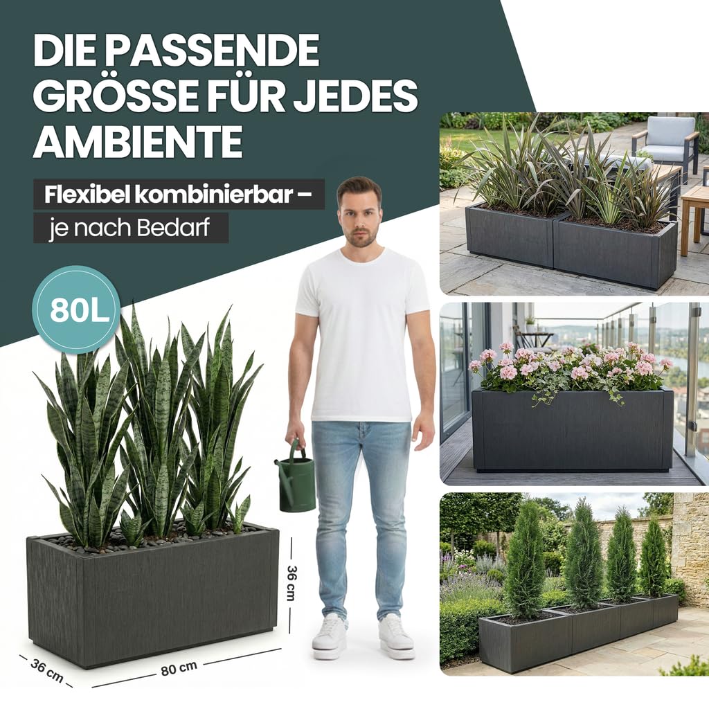 Kreher® XL Pflanzkasten Blumenkasten Anthrazit - 80 x 36 x 36 cm - Kunststoff, frostsicher & wetterfest - Struktur-Design für Garten, Terrasse & Balkon (3)