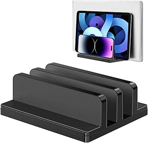 Vertical Laptop Stand, Laptop Holder with Adjustable Dock, ABS Plastic Dual Slots Computer Holder Compatible with Smartphones, Tablet, Book, Document, Laptops(Up to 17.3 inches) and More