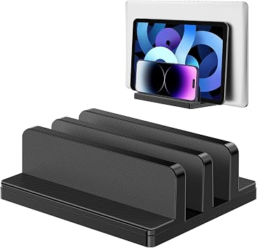 Vertical Laptop Stand, Laptop Holder with Adjustable Dock, ABS Plastic Dual Slots Computer Holder Compatible with Smartphones, Tablet, Book, Document, LaptopsUp to 17.3 inches and More