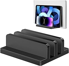 Vertical Laptop Stand, Laptop Holder with Adjustable Dock, ABS Plastic Dual Slots Computer Holder Compatible with Smartphones, Tablet, Book, Document, Laptops(Up to 17.3 inches) and More