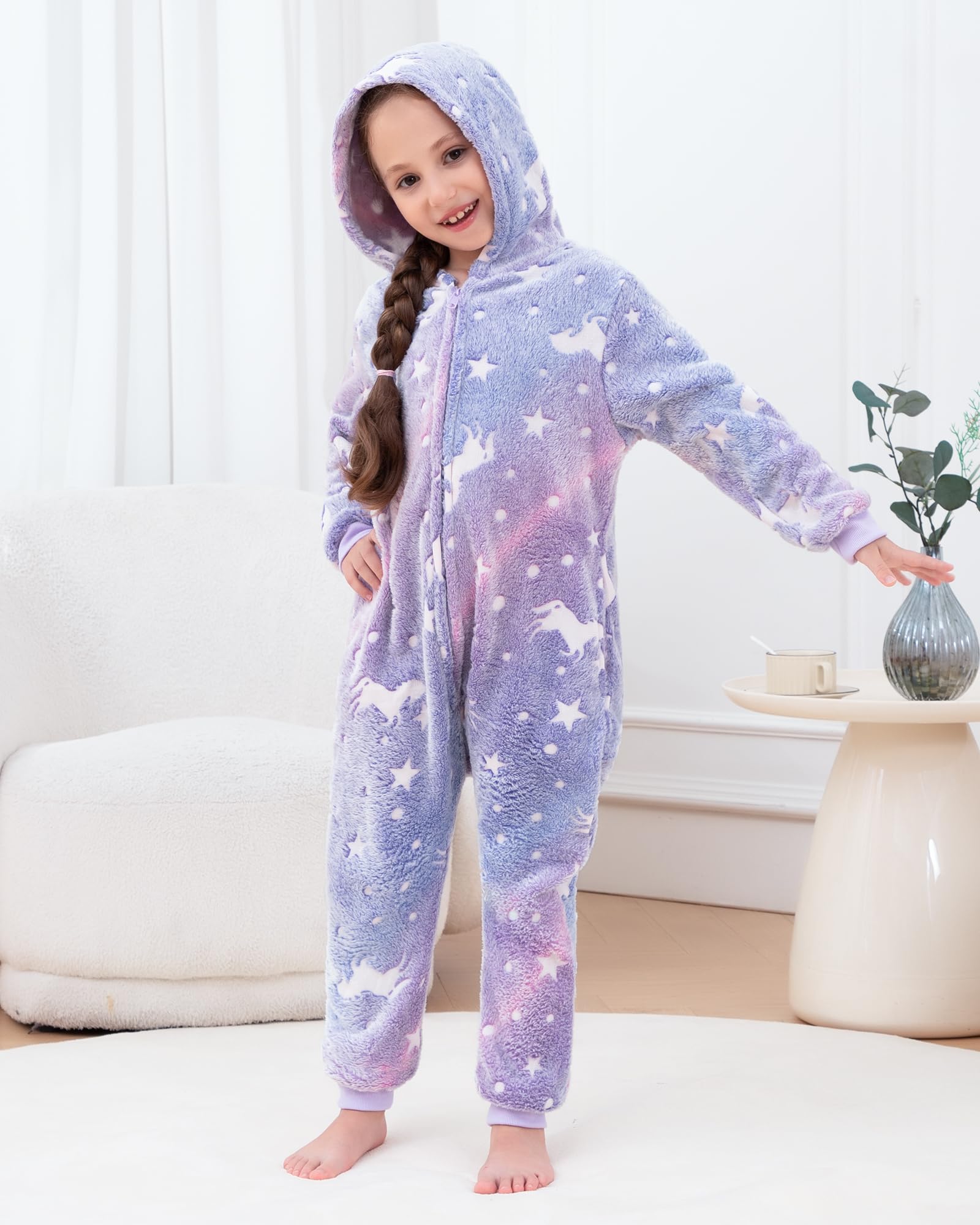 KAKU NANU Pijama para niñas de 2 a 10 años | Pijama de Felpa fosforescente con Capucha | Cremallera y Bolsillos | Regalo Ideal