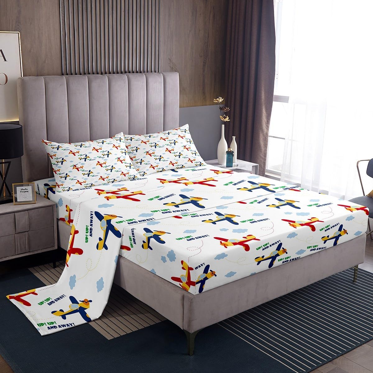 Feelyou Airplane Sheet Set Queen Size Kids Aircraft Sheets with Deep Pocket Fitted Sheet Flight Bed Sheets Set Helicopter Flying Plane Grey and White Bedding Set Room Decor