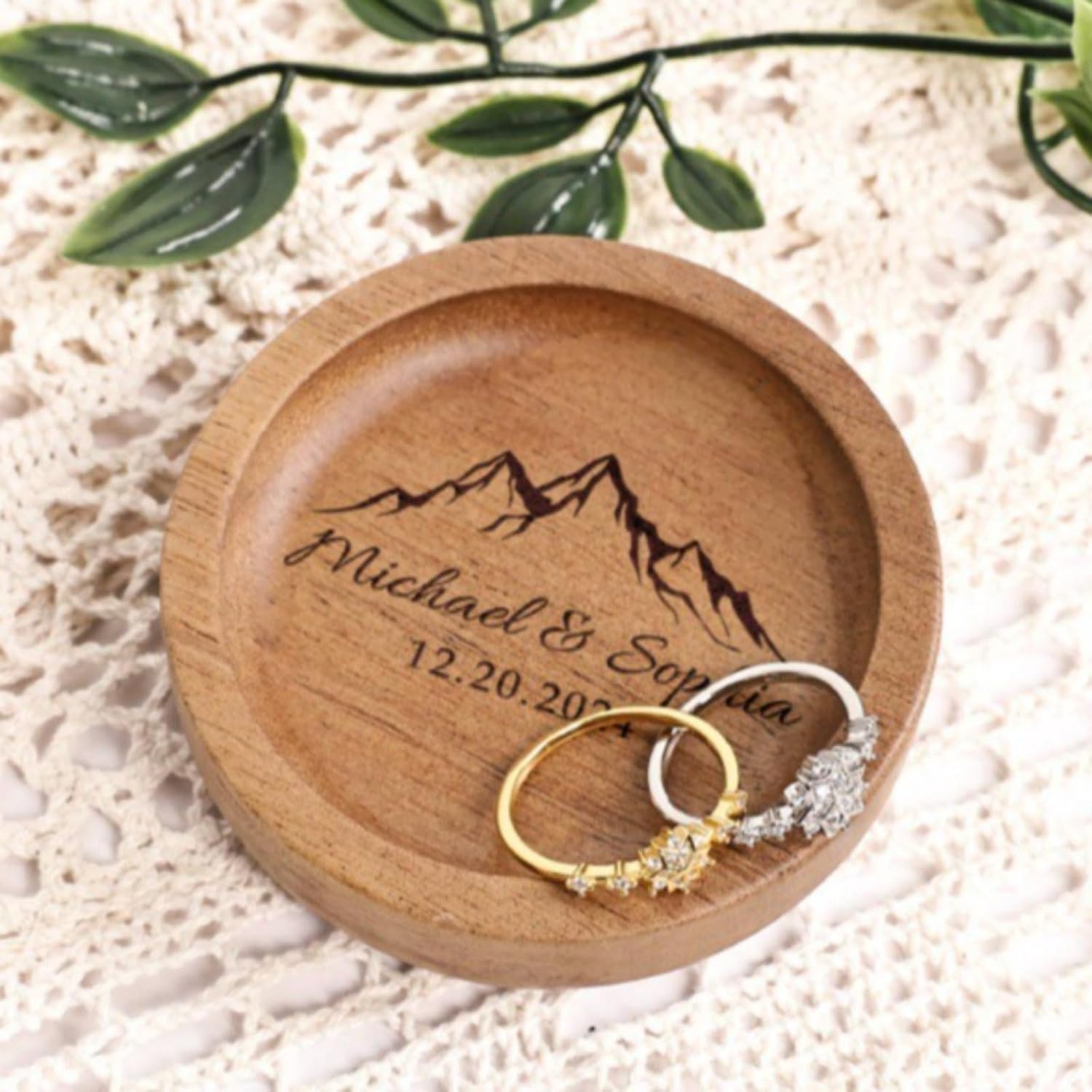 Personalized Wooden Ring Dish, Custom Round Wood Jewelry Tray,Engagement Ring Holder, Wedding Gift for Couple,40th Birthday Gifts Women (1PCS,7x2cm) image 4