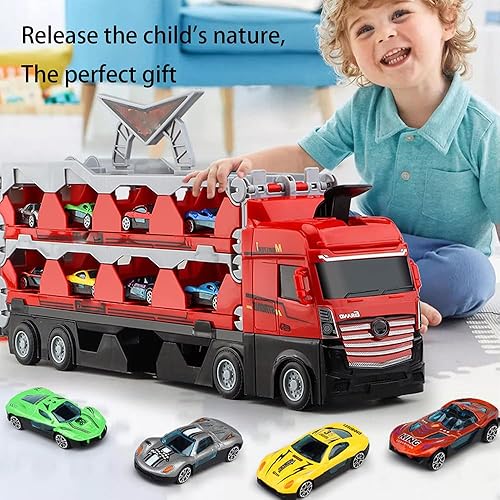 Miniatura 4 de Mega Hauler - Camión con pista de carreras de eyección, juguetes más extraños para niños y niñas de más de 3 años (8 autos de aleación)