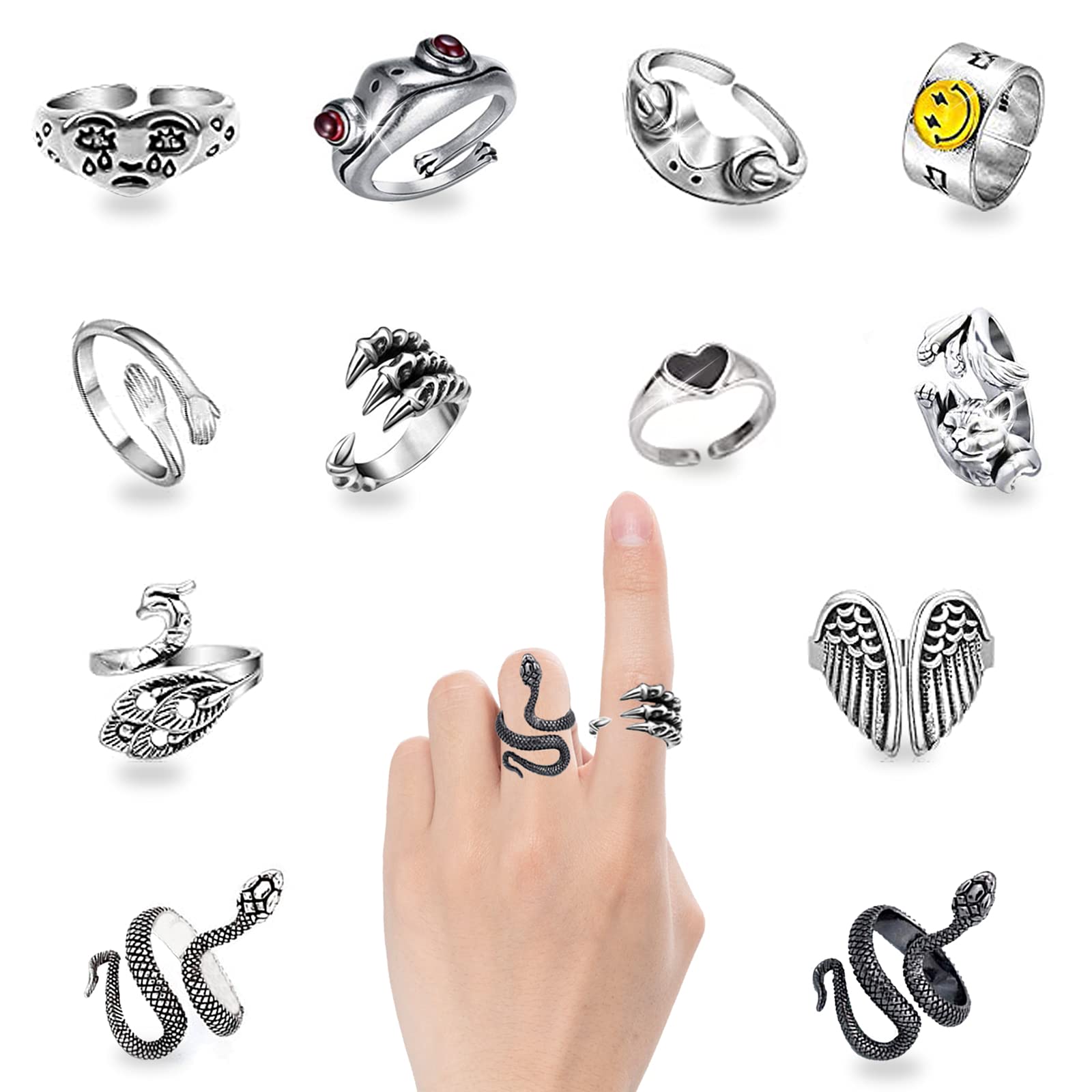 IHUIXINHE 12 Pcs Adjustable Rings Set，Cute Open Rings，Smiley Face，Crying Face，Snake，Hug, Cat，Wing，Frog, Phoenix, Paw，Black Heart for Clothes Collocation，Gift
