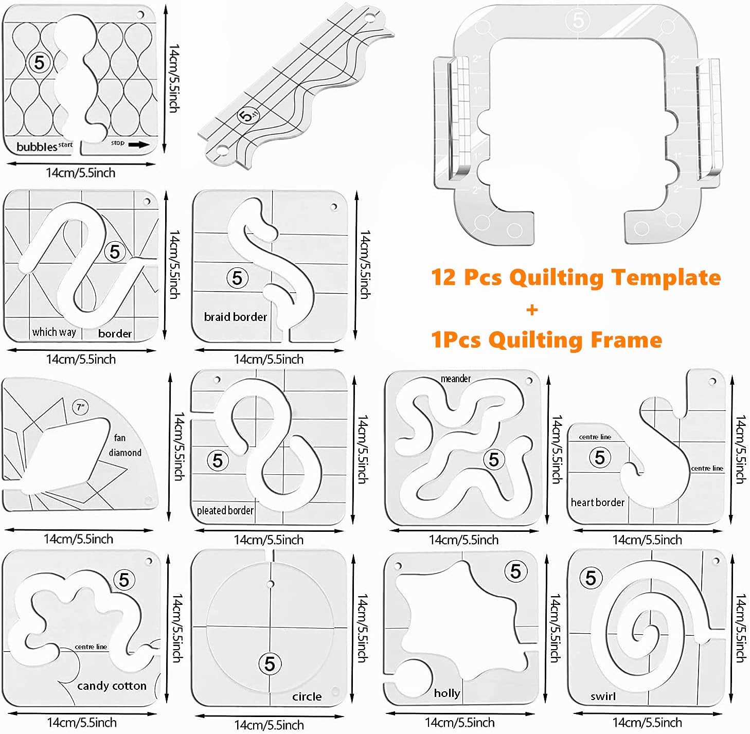 YEQIN 13 Pieces Free Motion Quilting Template with Quilting Frame -5 Series Acrylic Ruler Set - for Domestic Sewing Machine