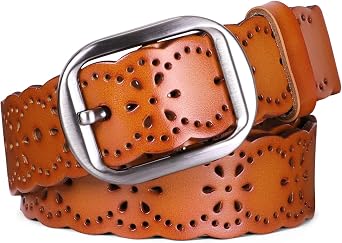JASGOOD Womens Hollow Flower Genuine Leather Belt for Jeans Pants Wide Belt for Ladies