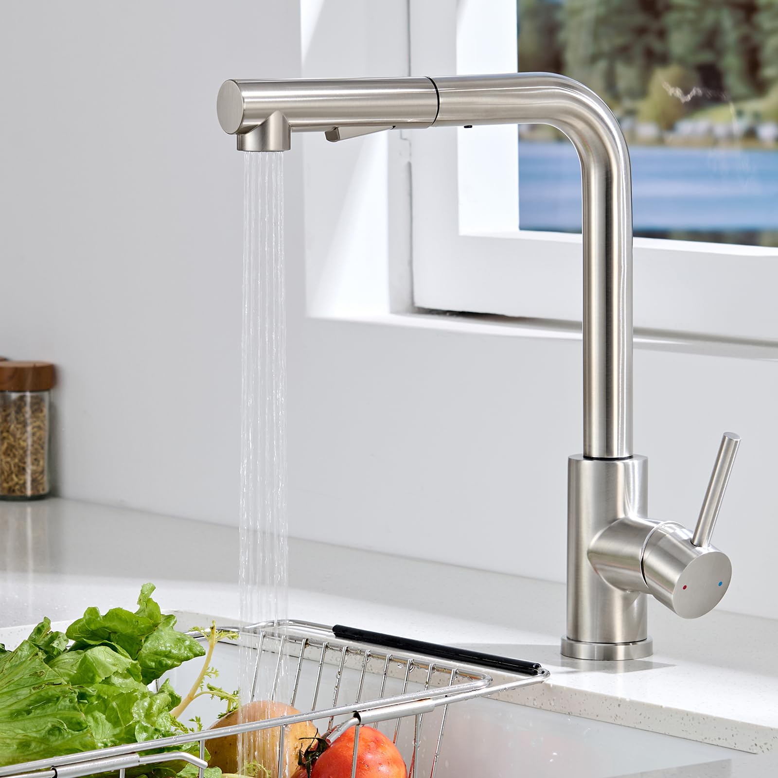 Grifo Cocina Extraible, Grifos Cocina Fregadero Mezclador Monomando con Ducha 2 Modos de Ajuste, Grifo Extensible Acero Inoxidable Cepillado de Giratorio a 360°, Agua Fría y Caliente