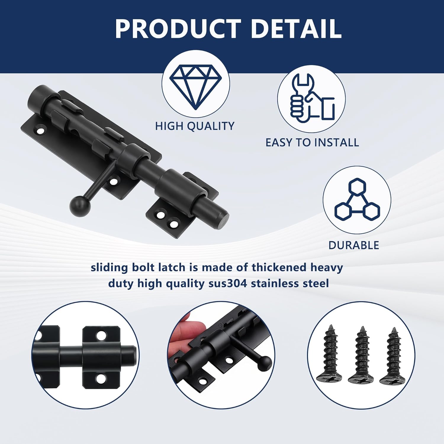 4 Inch Slide Bolt Gate Latch 304 Stainless Steel Gate Latches Matte Black Sliding Latch Lock with Padlock Hole Heavy Duty Barrel Bolt for Cabinet Window Fence Shed Yard Barn Doors Warehouse