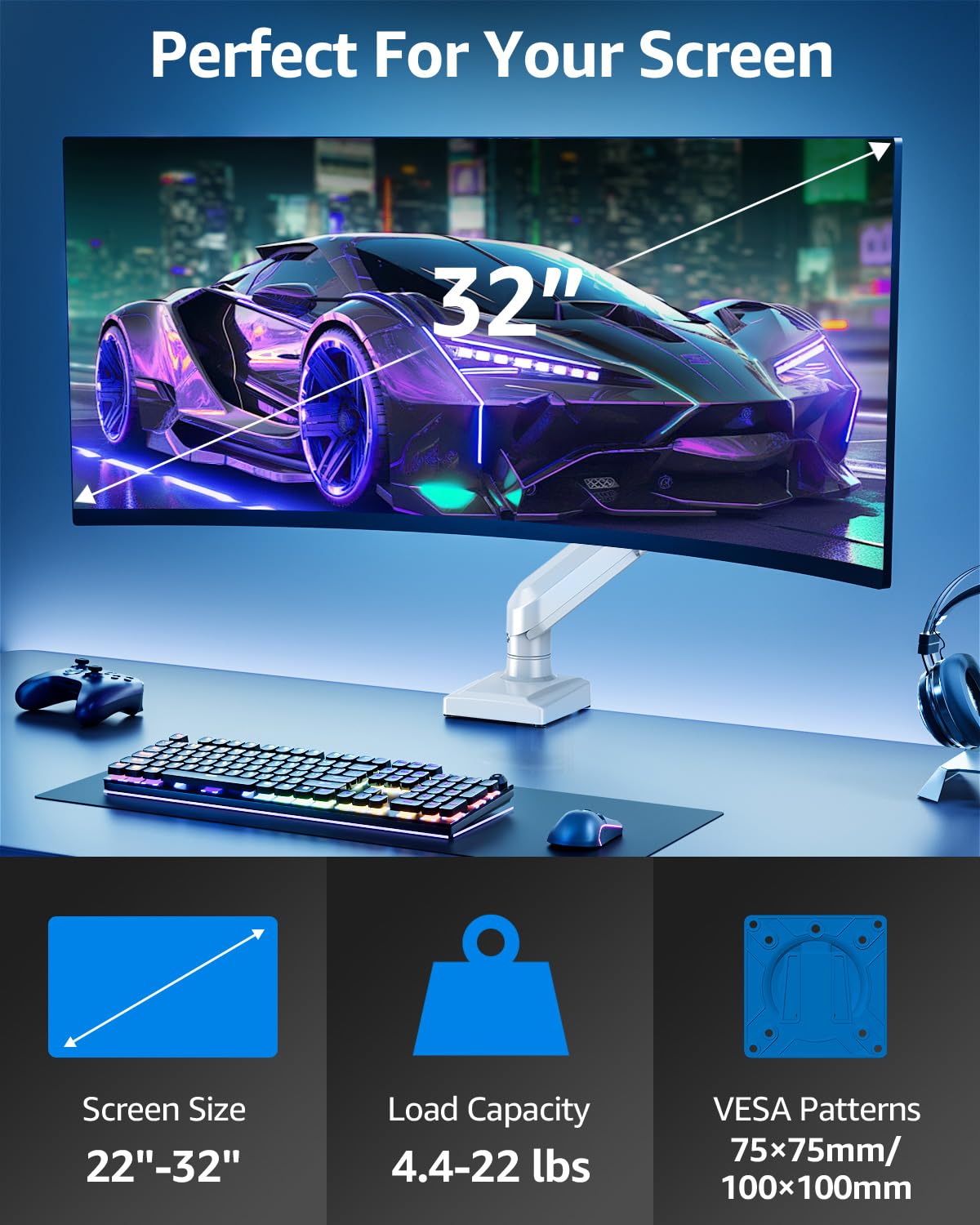 Freelift Pro - Soporte de monitor individual para pantalla de 32, 27, 24 y 22 pulgadas, brazo de monitor con capacidad para 4.4 a 22 libras, soporte de escritorio para monitor, juegos y oficina en