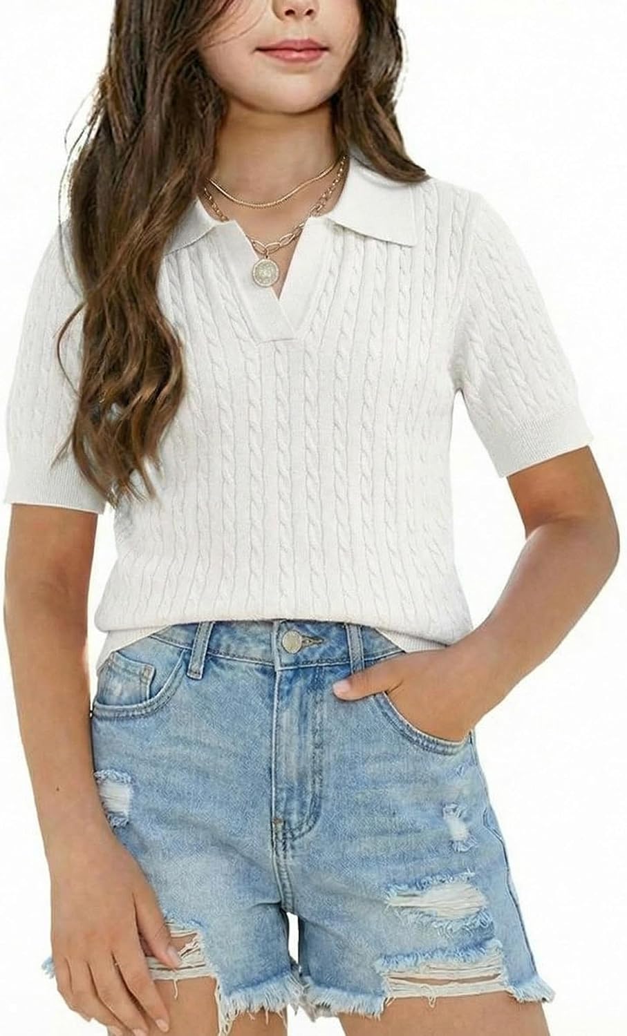 Girls Short Sleeve Polo Shirt Summer Knit School Uniform Blouse V Neck Cable Pullover Sweater Tops 5-14 Years