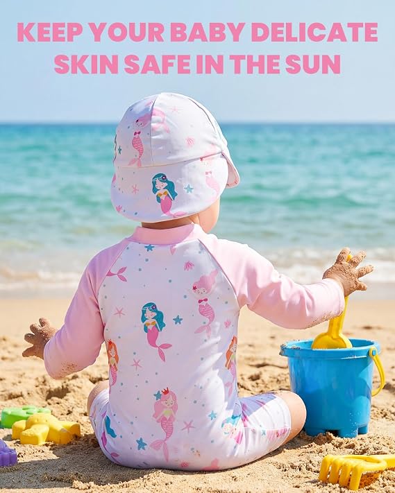 JiAmy Baby Girl Swimsuit with Sun Hat, Long Sleeve Zipper Rash Guard One Piece Bathing Suit for 3M-3Y