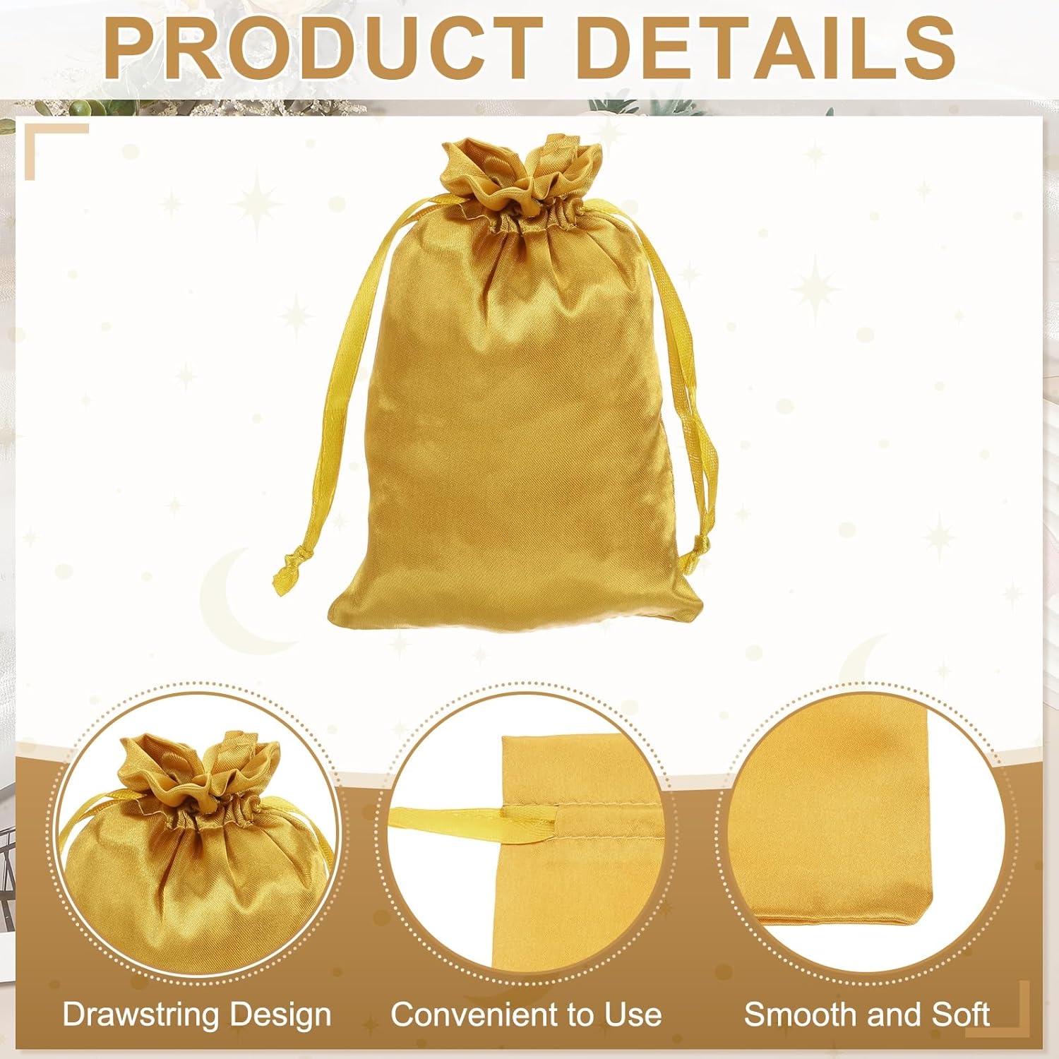 MECCANIXITY Satin Bags with Drawstring, 4x6 Inch Wedding Favor Bag Mini Gift Packaging Bag for Birthday Christmas Jewelry Party (Gold, Pack of 4) - Image 3
