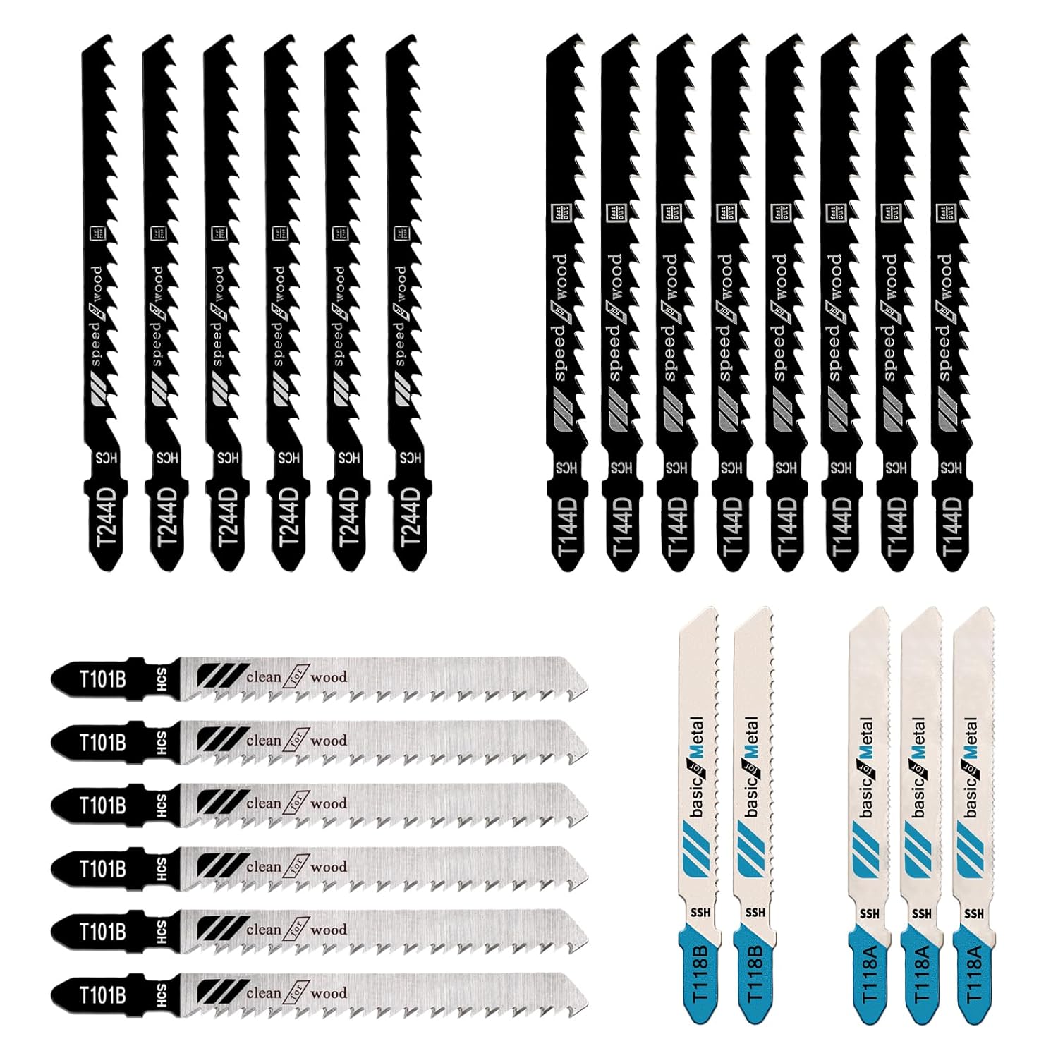25 Pieces Jig Saw Blades Multi-Purpose T Shank Jigsaw Blades with HSS Jig Saw Blade Assorted T-Shank jig-Saw Blade for Wood, Metal and Plastic Cutting(T101B, T144D, T244D, T118A, T118B)