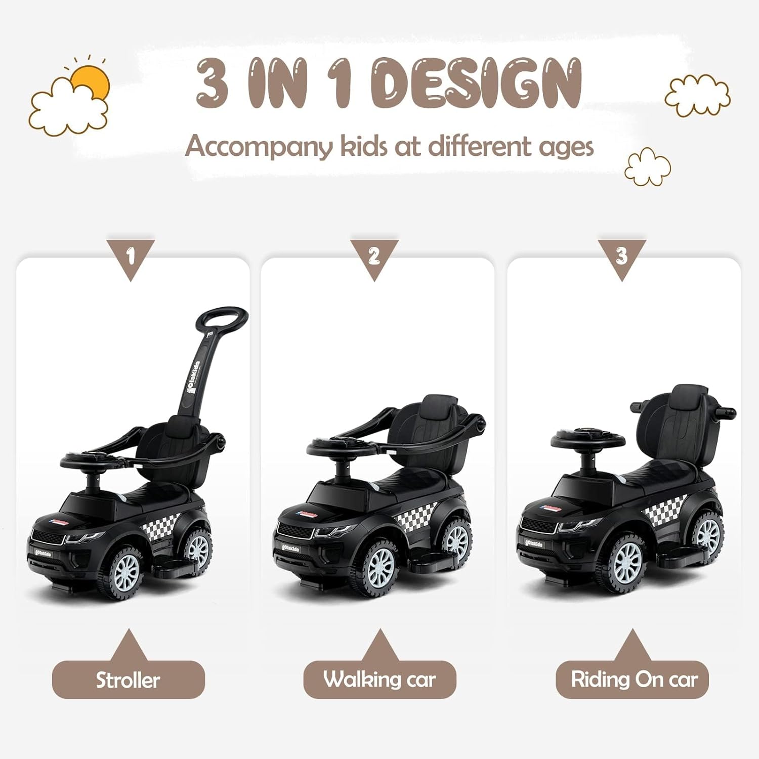 Three images showing the 3-in-1 design: Stroller, Walking Car, and Riding On Car modes