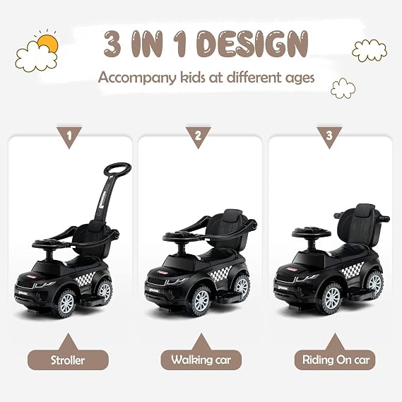 OLAKIDS 4 in 1 Ride on Push Car, Toddlers Stroller Sliding Walking with Horn, Music, Lights, Removable Guardrails and Handle, Underneath Storage, Foot-to-Floor Walker for Boys Girls (Dark)