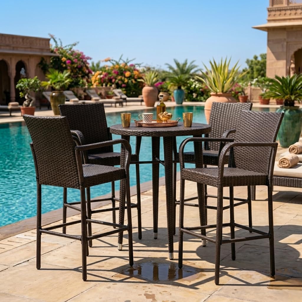 loccus 5 piece patio bar set outdoor wicker, dark brown round bar table and chairs set for backyard porch garden poolside lawn, weather-resistant pe rattan furniture