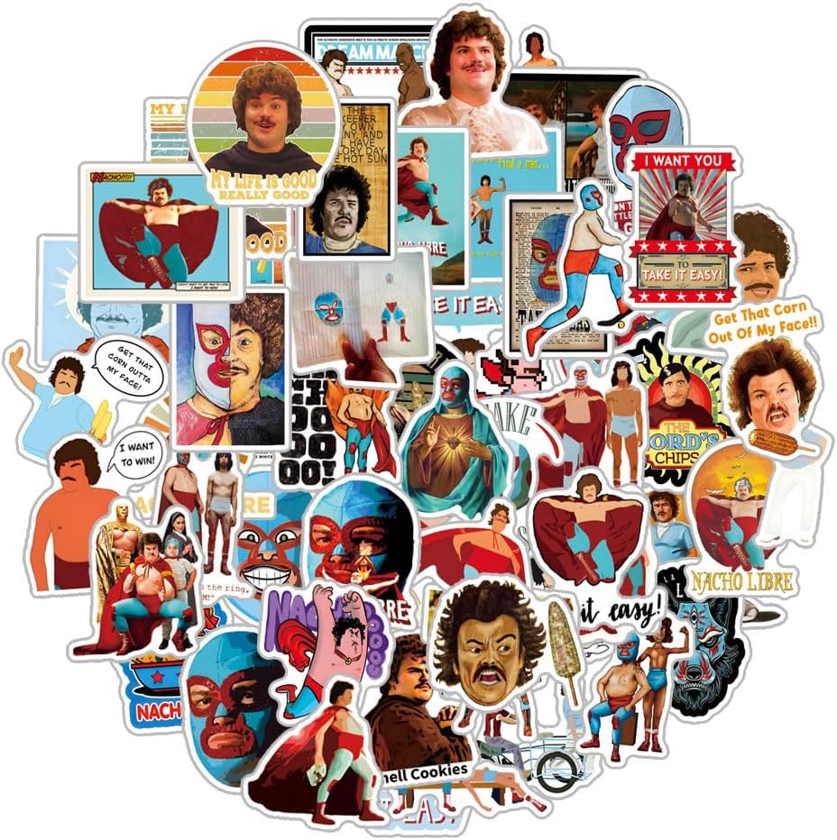 61 Pcs Nacho Libre Stickers Comedy Movie Graffiti Waterproof Vinyl for Birthday Party Supplies Decoration Favors for Water Bottles Laptop Suitcase Scrapbooking Choice