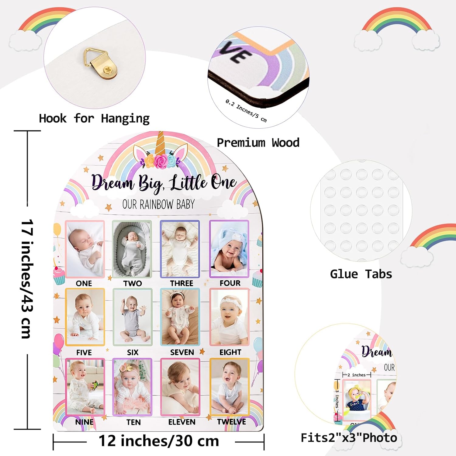 Photo Frame My First Year Photo Display Board, 17x12 INCH - Fits 2 x 3 Inch Photo, Baby's One Year Picture Frame 12 Months Milestone Board Nursery Decor Gift for Boy Girl(Rainbow) image 3