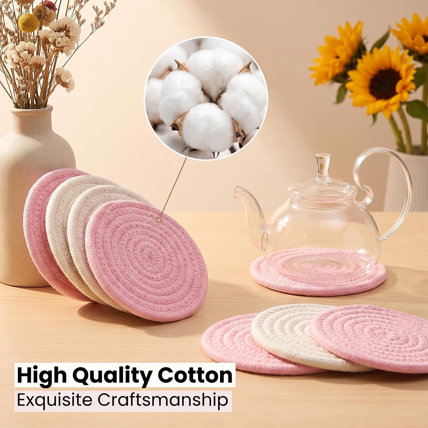 4Pcs Cute Coaster, Pink Cotton Handmade Coasters for Drinks