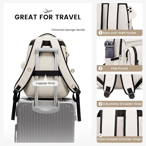 Miniatura 3 de LOVEVOOK Mochila para laptop para mujer bolsas de computadora de negocios para viajes de trabajo, Beige-Negro, Mochila