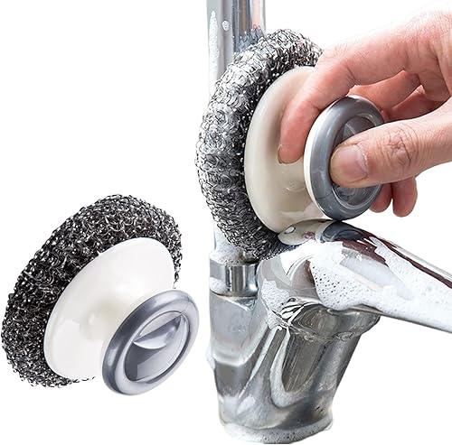 Depurador de lana de acero inoxidable con mango para cocina, cepillo de limpieza de platos, sartenes, parrillas, fregadero, 2 unidades