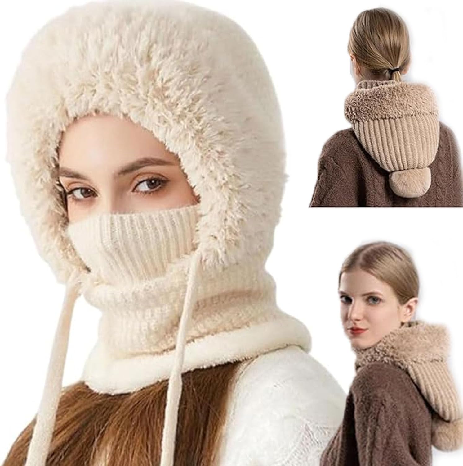 Women's Outdoors Windproof Scarf Hat, 3 in 1 Beanie Hat with Scarf and Mask