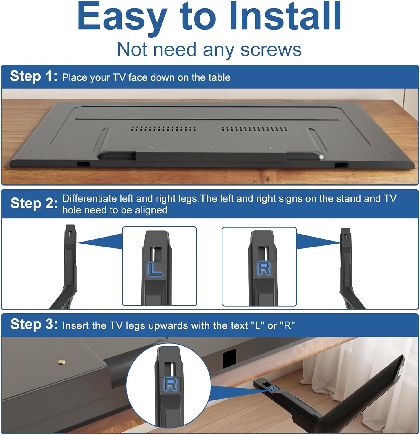 Three-step visual guide for screwless TV leg installation: 1. Place TV face down. 2. Differentiate L and R legs. 3. Insert legs upwards into TV slots.