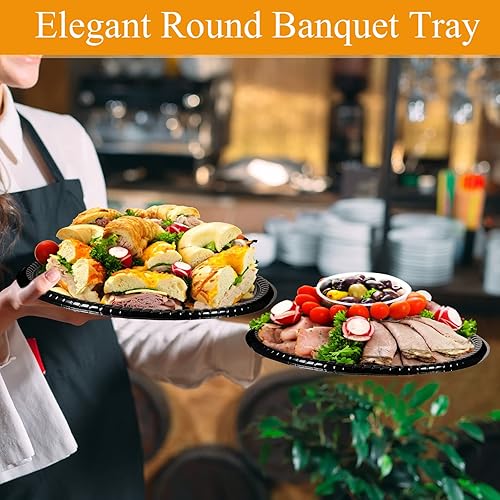 Miniatura 4 de Paquete de 24 bandejas de servicio resistentes de 12 pulgadas con tapa transparente y tenedores, bandeja de plástico grande con elegante bandeja