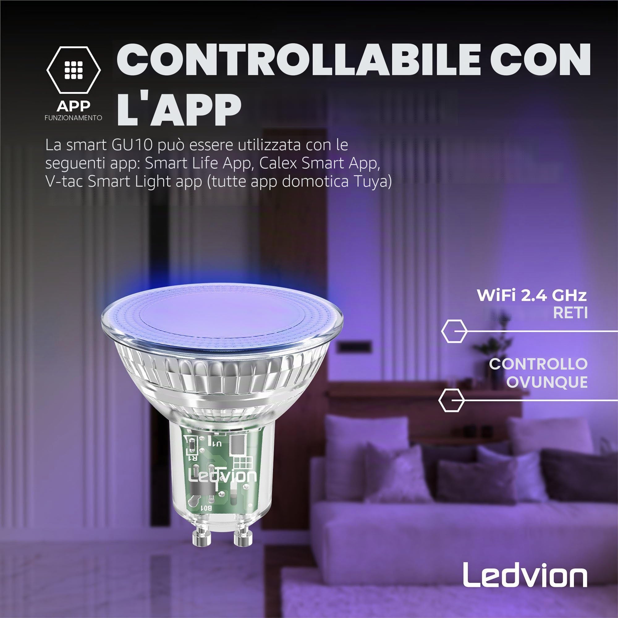 Ledvion - 10X Smart RGB+CCT GU10 LED Spot, 5W, 345 Lumen, Dimmerabile, Wifi-Illuminazione, Wifi-luce, Alexa & Google Home