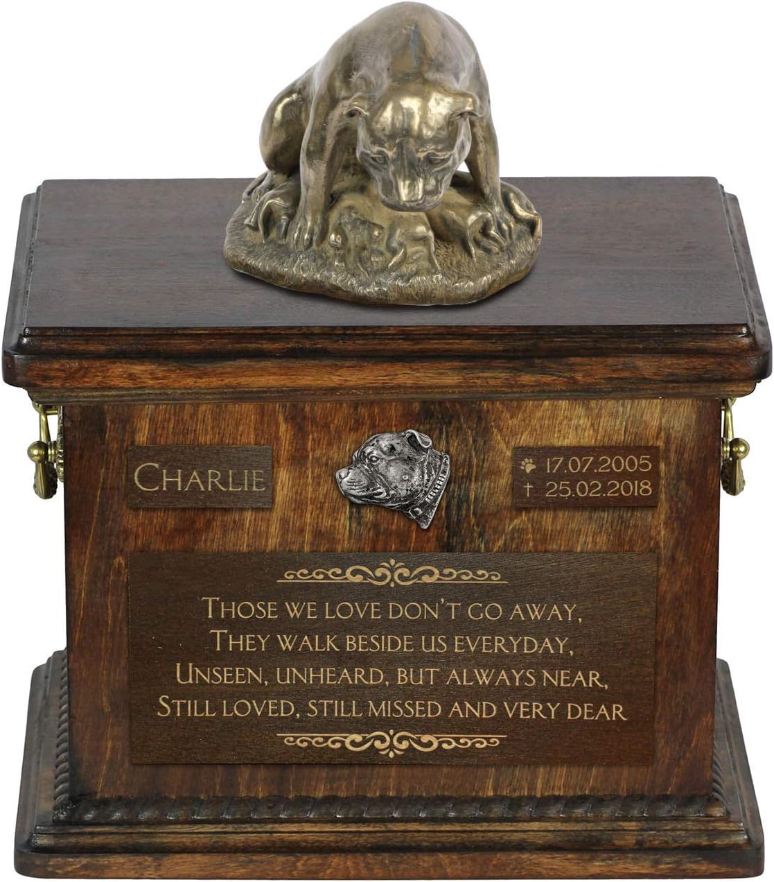 Art-Dog Custom Dog Sitting Statue Memorial Urn - Handmade Cold Cast Bronze on Birch Base – Sturdy and Stylish Urn for Dog’s Ashes – 8.3x11.4x8.7 – 5l – English Staffordshire Terrier III