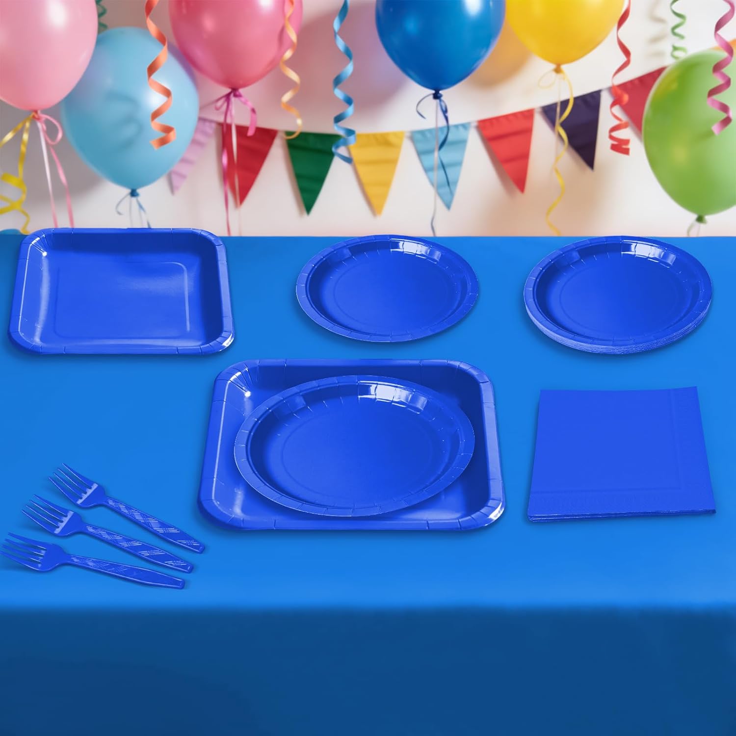 YY Serve 50 Party Paper Plates Set Blue Disposable Dinnerware Solid Color Dinner Plates Napkins with Forks, Table Covers