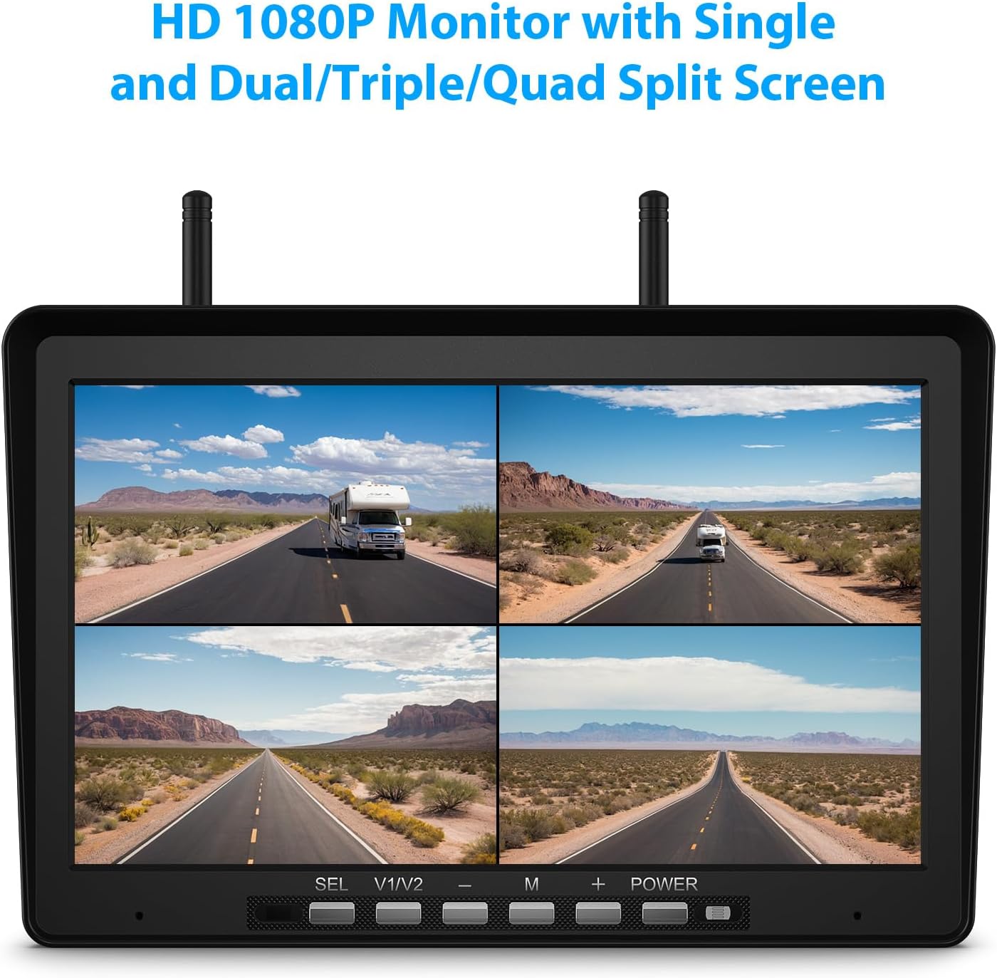 Il-monitor ta' 10.1 pulzieri li juri quad-split view ta' triq b'RV, li turi riżoluzzjoni ta' 1080P.