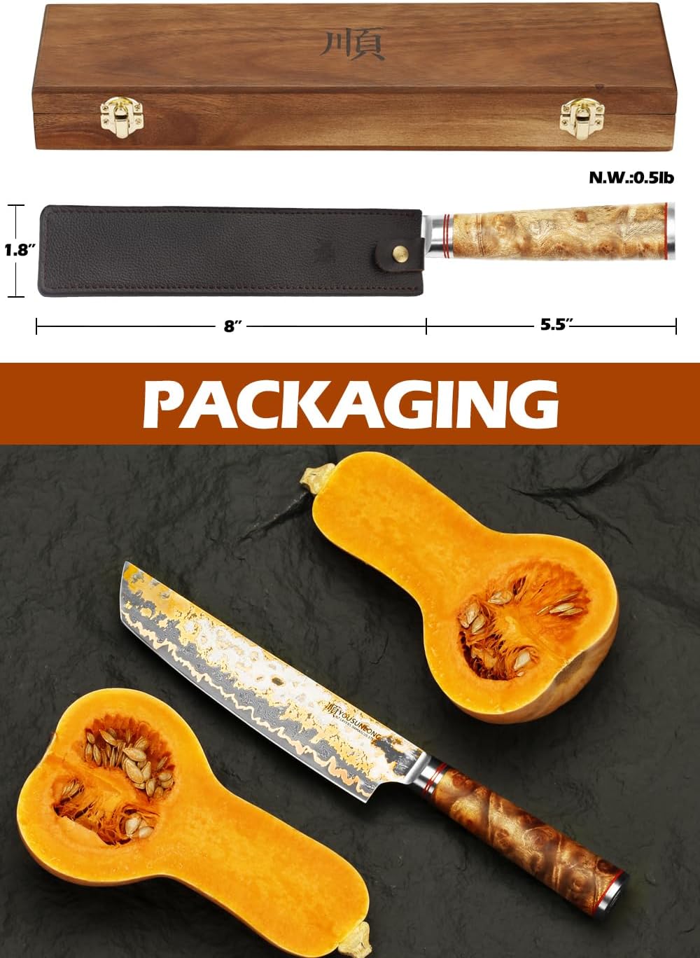 YOUSUNLONG Tanto Chef's Knife 8 Inch - Japanese Handmade CuMai Copper Damascus Steel Blade - Naturel Burl Wooden Handle with Leather - Image 6