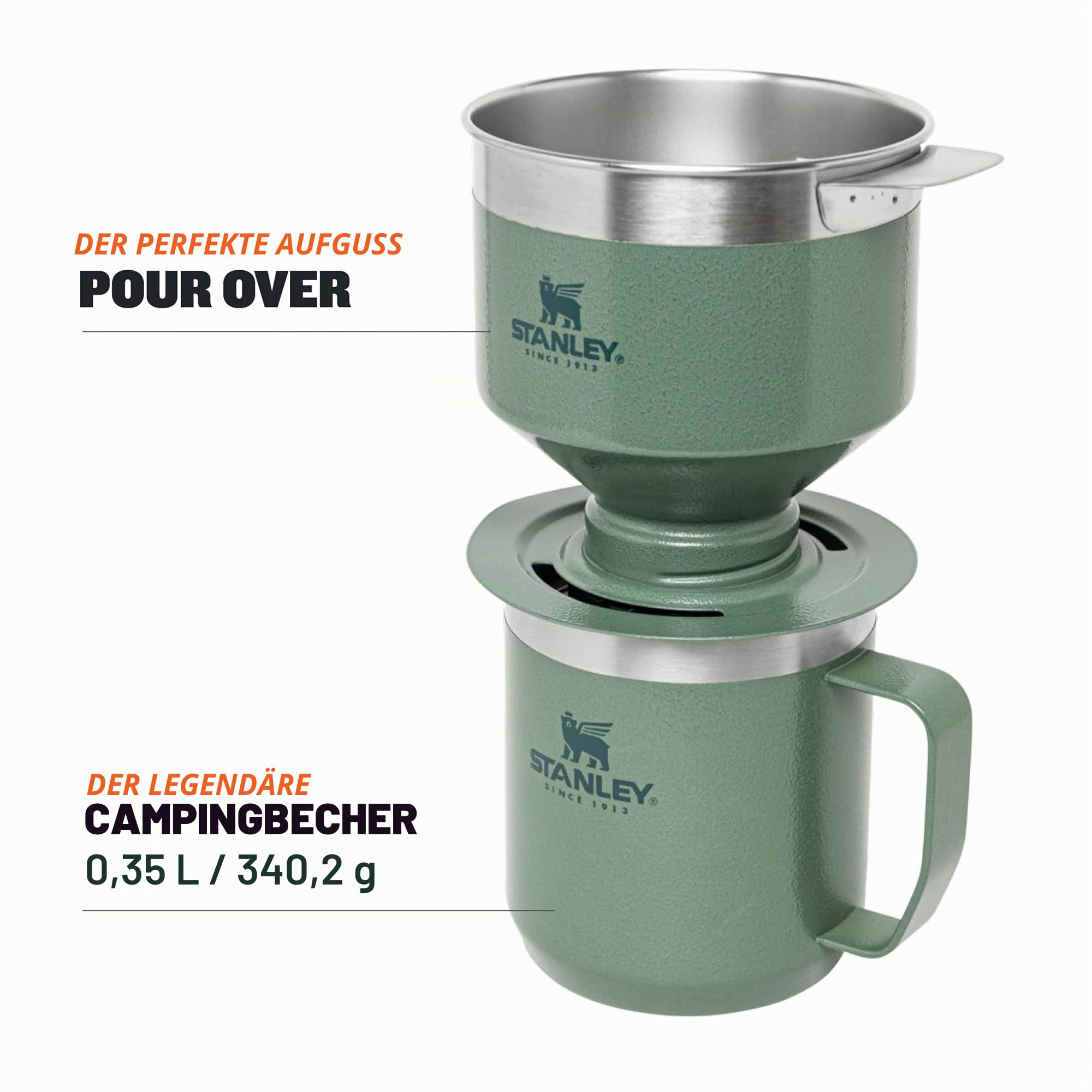 STANLEY 1913 Camp Mug mit Perfect Brew Set 0.35L - Hammertone Green | Hält 4 Std. heiß - 5 Std. kalt - Spülmaschinenfest - Tragegriff - Edelstahl