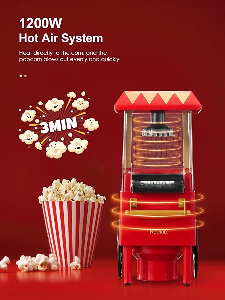 Popcorn Maker, Reemix Popcorn Machine, Retro Design, 1200W Popcorn Machine without Oil or Butter, Easy to Use and Clean, Safe and Durable, Ideal for Parties - 4