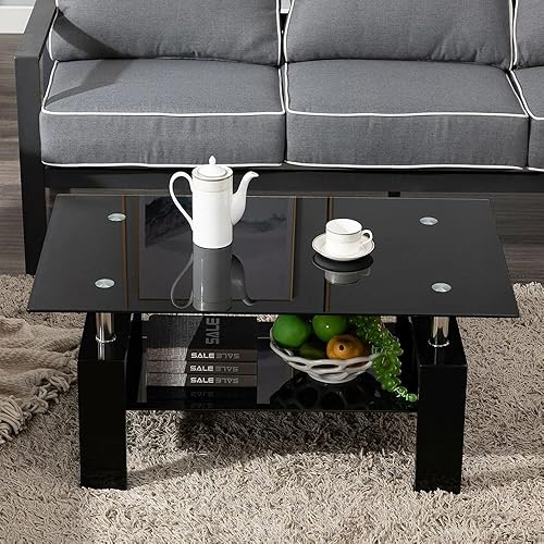 Miniatura 7 de Mesa de centro rectangular de cristal, mesa de té moderna con estante inferior, mesas centrales de 2 niveles para sala de estar, mesa de vidrio