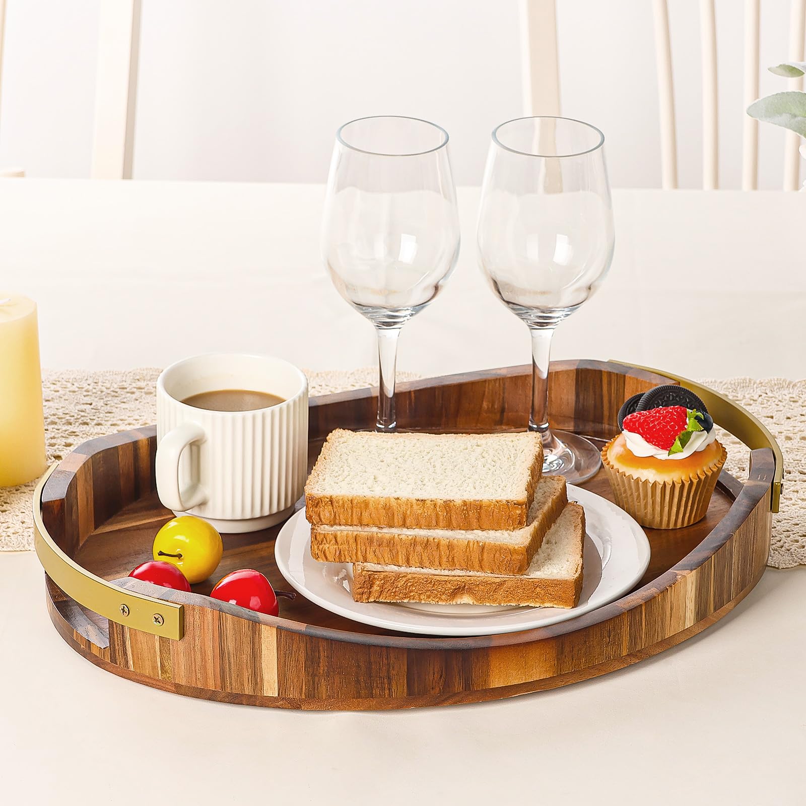 Vassoio da portata in legno di acacia con manici in metallo, 40,6 x 33 cm, rotondo, decorativo, con manici, per soggiorno, tavolino da caffè, colazione a letto, espositore per candele