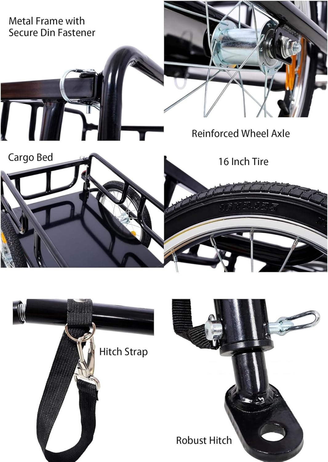 Bike Cargo Trailer, Foldable Bicycle Luggage Wagon, 60kg Capacity, Black, For Cyclists, Campers & Adults Needing Additional Cargo Space