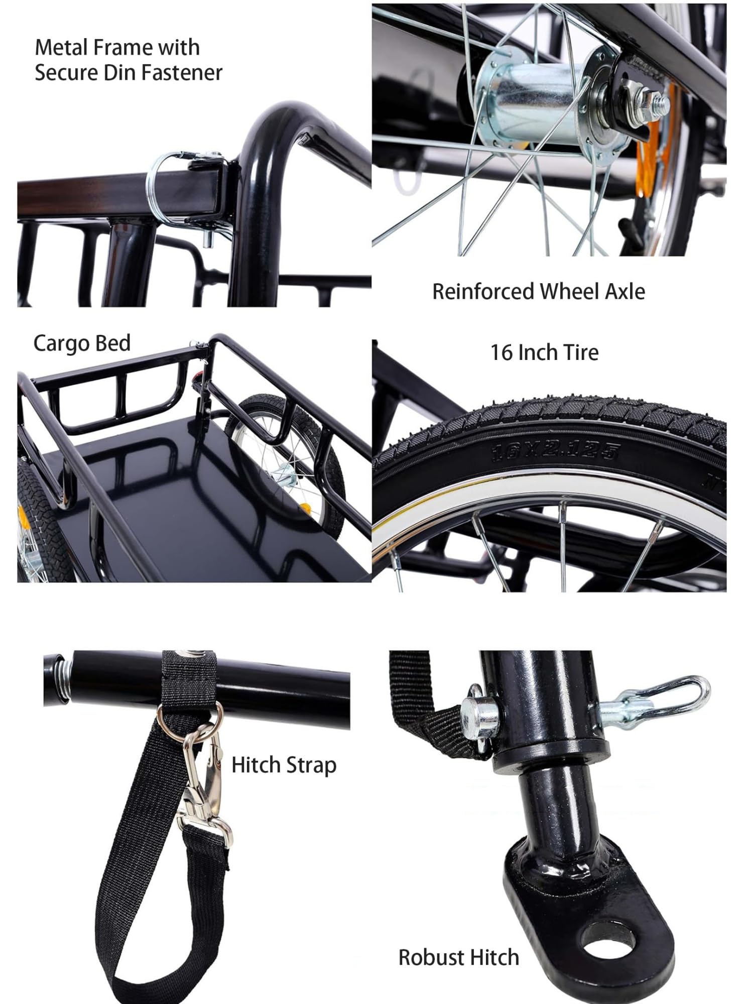 Remolque de carga para bicicleta, remolque de bicicleta duradero con diseño plegable desmontable, carga máxima de 60 kg para transportar equipaje y herramientas