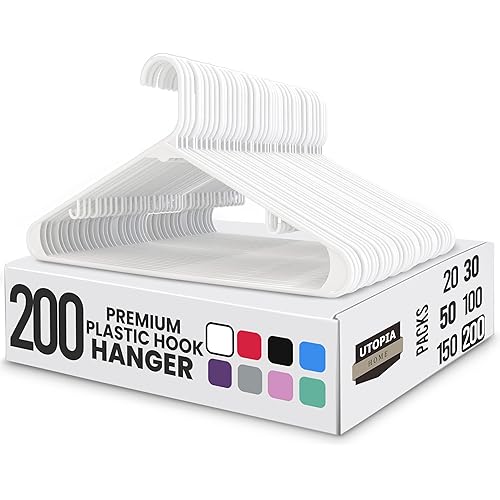 Utopia Home Plastic Hangers 200 Pack - Space Saving Clothes Hanger - Durable & Strong Closet Organizers and Storage with Built-in Strap Hooks - Essential for Shirts, Pants, Skirts & Coats (White)